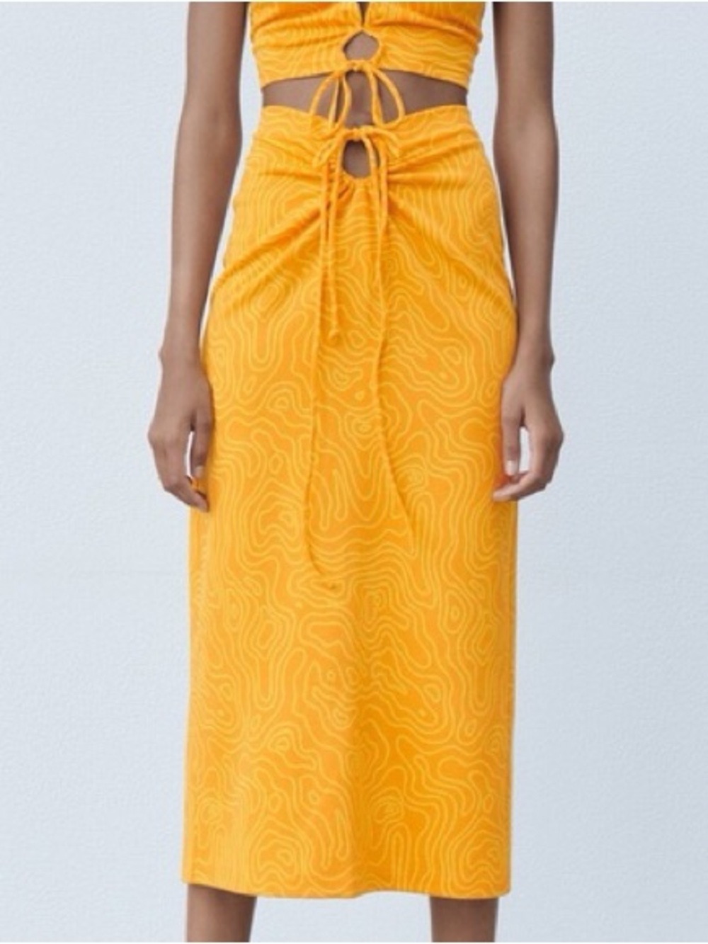 ZARA KNIT HIGH SLIT ABSTRACT PATTERNED KEY-HOLE MIDI MAXI SKIRT ORANGE YELLOW M
